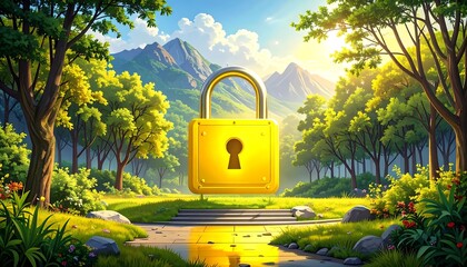 A golden padlock floats above a path in a vibrant forest, with trees framing a mountain backdrop under a sunny sky. A visual metaphor for security