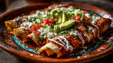  Close up shot of traditionally made enchiladas served on a rustic plate (2)