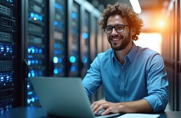 Smiling engineer works on laptop in data center. Technician in blue shirt, glasses, curly hair, with servers, blinking lights background. Modern digital workspace focused on information technology,