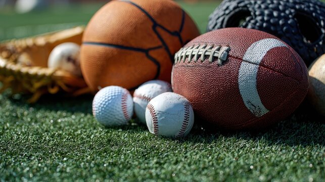 Collection of various sports balls representing popular games on a green turf field during daylight