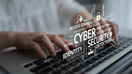This image showcases a laptop keyboard with cybersecurity terms overlaying, highlighting the importance of protection and identity in the digital world. Tessel