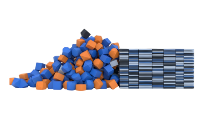 Pile of blue and orange cubes merging into a digital data wall isolated on transparent background