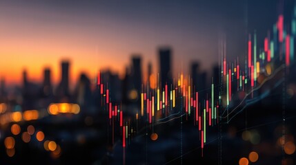 Stock market data displayed against a city skyline during sunset showcasing vibrant candlestick patterns and urban lights