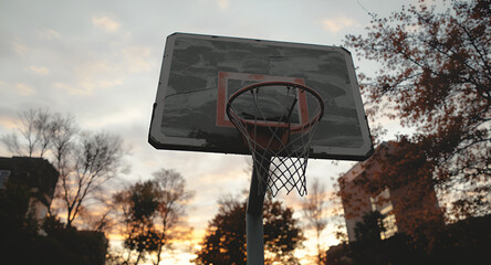 An Old Basketball Hoop and Backboard Stand Silhouetted Against a Cloudy Sunset Sky Amidst Autumn Trees and Buildings