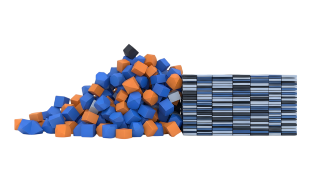 Pile of blue and orange cubes merging into a digital data wall isolated on transparent background - Powered by Adobe
