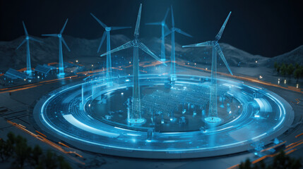Wind turbines illuminated with blue digital light surrounding futuristic circuit grid