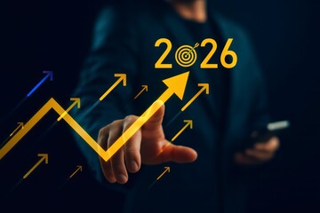 Business growth and success forecast with upward arrow graph reaching 2026 target