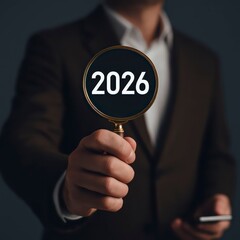 Future business target 2026 focus concept with magnifying glass in businessman hand