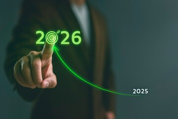 Strategic plan to achieve 2026 target from 2025 with green trajectory arrow concept