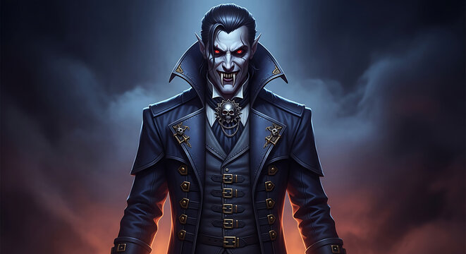 Halloween a menacing vampire with piercing red eyes and sharp fangs stands amidst a dark, stormy backdrop, embodying the classic horror figure of halloween