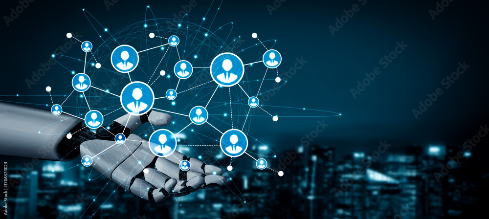 Poster a futuristic robotic hand showcases a digital network of connected users, representing modern techno