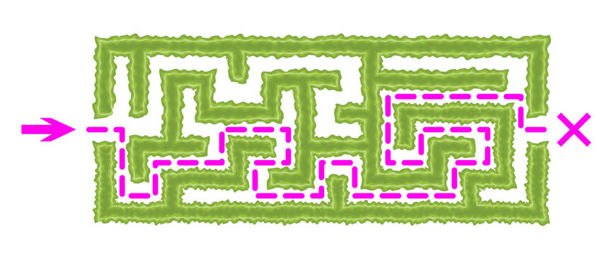 Green horizontal hedge maze vector Illustration. Top view of the open air rectangular labyrinth made of garden bushes and grass. Education logic game for kids isolated on white background.