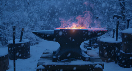 Hot Anvil Glows with Fiery Heat Amidst Snowy Winter Landscape with Falling Snowflakes