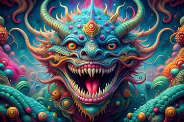 Photo of a vibrant, psychedelic gerbera daisy with an eyelike center, set against a swirling, ornate purple and pink fractal background