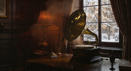 Antique Gramophone on a Table with Snow Falling Outside a Window in a Dimly Lit Room