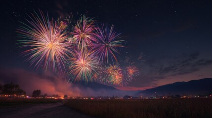 Spectacular fireworks display illuminates the night sky over a serene landscape celebration