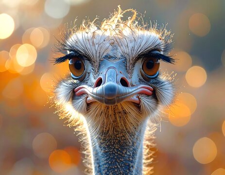 Close-up of an ostrich's face. Bokeh effect - Powered by Adobe