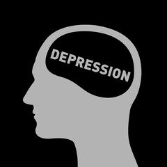 Depression and being depressed - head with diagnosis of mental disorder. Simple minimalist silhouette with text. Vector illustration isolated on black.