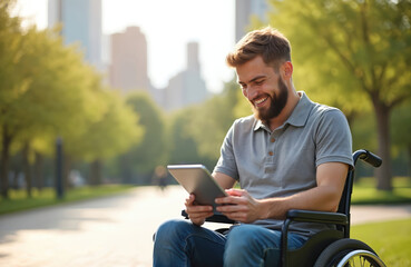 Man in wheelchair enjoys tablet outdoors in park setting. Technology integration for disabled individuals promotes independence and accessibility. Lifestyle, modern life.