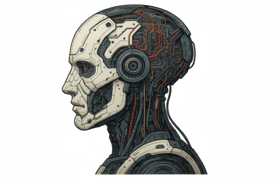 Futuristic android head with detailed internal circuitry, perfect for artificial intelligence and robotics projects