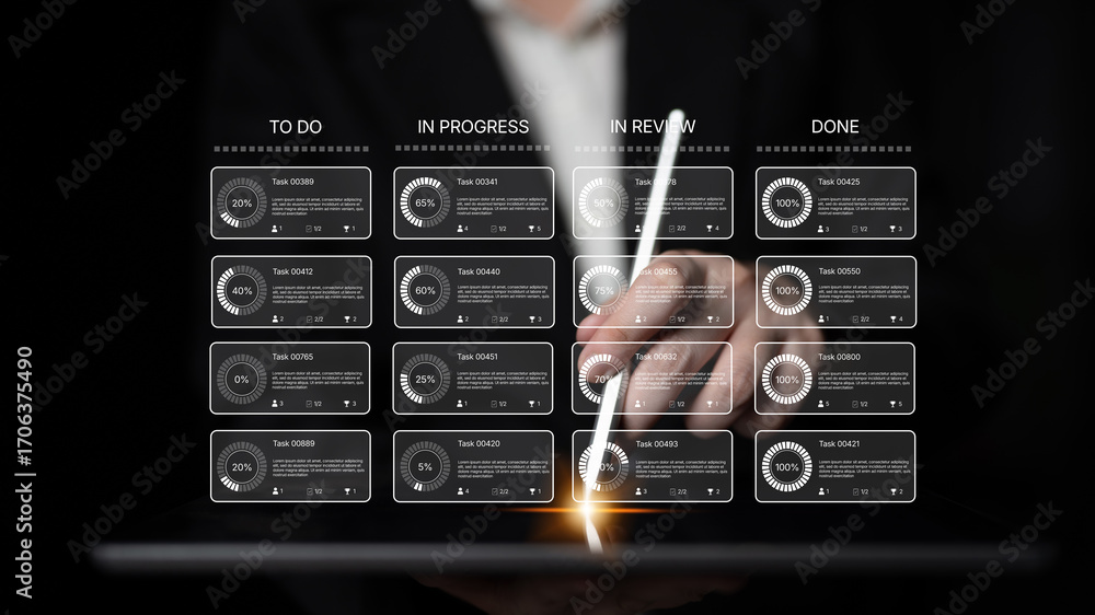 Fototapete task management tool dashboard showing kanban-style workflow with columns for to do, in progress, in