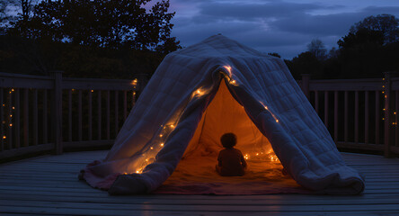 Child Enjoys Magical Evening in Cozy Blanket Tent Illuminated by Twinkling Fairy Lights on Deck