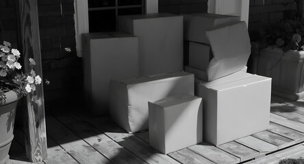 Moving Day Boxes Stacked on a Wooden Porch with Flowers in a Pot Next to a Shuttered Window