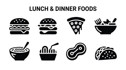 Collection of Delicious Lunch and Dinner Food Icons Featuring Burgers Pizza Salad Pasta Steak Tacos and Bowls
