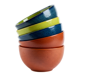 Stack of Colorful Handmade Ceramic Bowls Isolated on Transparent Background