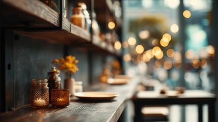 Obraz premium Cozy cafe setting with warm lighting and detailed wooden decor invites relaxation and conversation among patrons in the afternoon