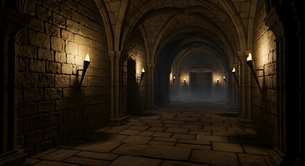 Gloomy corridor of ancient monastery, torches partially illuminating stone walls