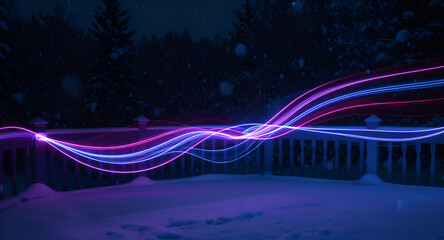 Neon Light Trails Flowing over a Snow covered Deck at Night with Snowy Trees in the Background