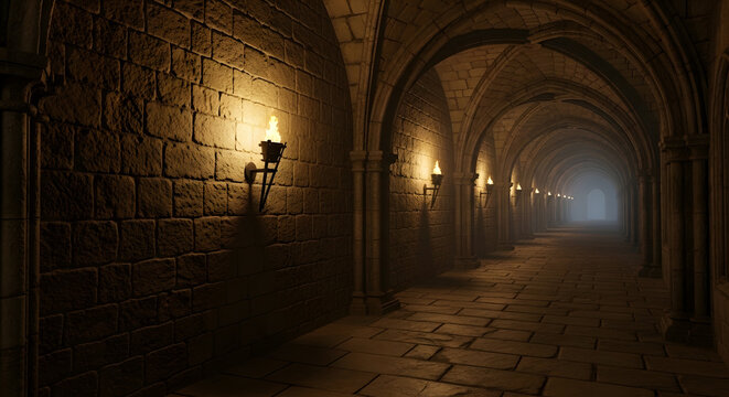 Gloomy corridor of ancient monastery, torches partially illuminating stone walls