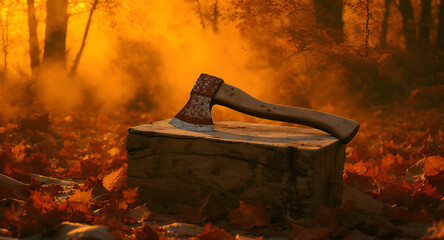 Axe Resting on a Wooden Log Amidst Fallen Autumn Leaves in Warm, Misty Forest Light