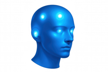 Illuminated blue human head with transparent background representing neural activity, ideal for science and technology themes