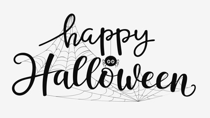 Happy Halloween Lettering with Spider and Web. Black and White Vector Illustration