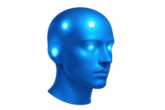 Illuminated blue human head with transparent background representing neural activity, ideal for science and technology themes
