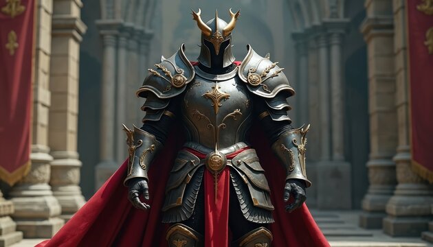 Armored warrior in ornate metal armor, red cape stands stoically before castle architecture. Golden horns adorn helmet, detailed gauntlets, breastplate suggest combat readiness. Epic fantasy scene,