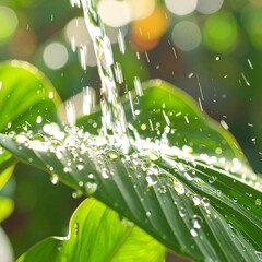 Water cascading onto a lush green leaf