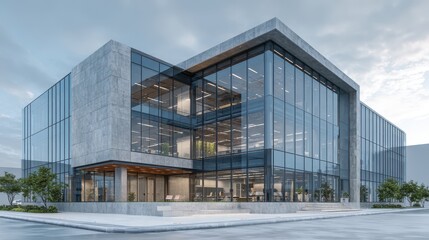 Fototapeta premium Modern office building with large glass windows in an urban setting during daytime