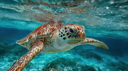 Fototapeta premium Underwater turtle swimming gracefully in a vibrant coral reef at midday