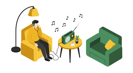 Relaxing at home while listening to music on a retro radio in isometric style