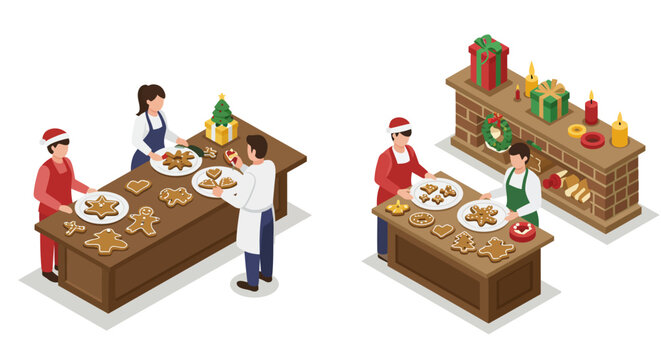 Christmas bakery scene with people baking festive cookies in isometric style