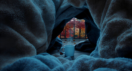 Cozy Scene of Steaming Coffee Mug on Deck Amidst Autumn Foliage Visible Through Blanket Tunnel