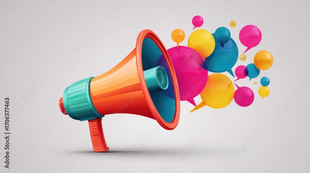 Poster vibrant megaphone emitting colorful speech bubbles in a dynamic display of communication