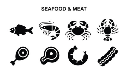 Collection of Seafood and Meat Icons Representing Various Food Items for Culinary and Restaurant Use