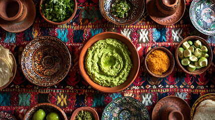 A fresh bowl of guacamole displayed at the centre of a Mexican dining table (3)