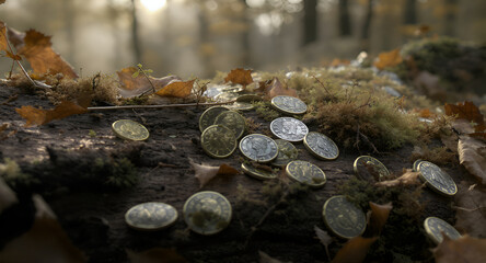 Scattered Ancient Coins on Mossy Log in a Sun dappled Forest