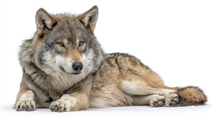 Fototapeta premium Majestic gray wolf resting on a white background in a calm and serene pose
