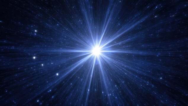 A radiant burst of light radiates outward from a central point, illuminating a vast expanse of dark space speckled with tiny celestial bodies.